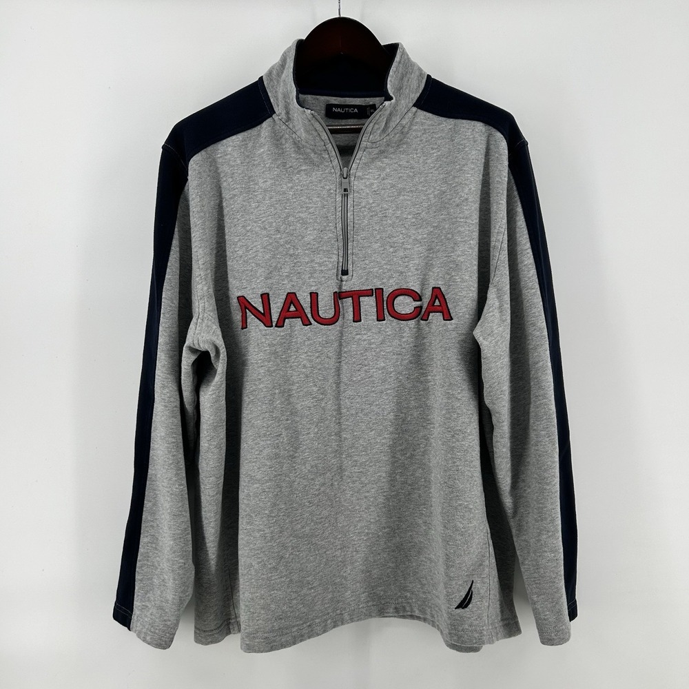 Nautica Fleece Pullover Mens XXL Gray 1/4 Zip Spellout Embroidered Logo Y2K